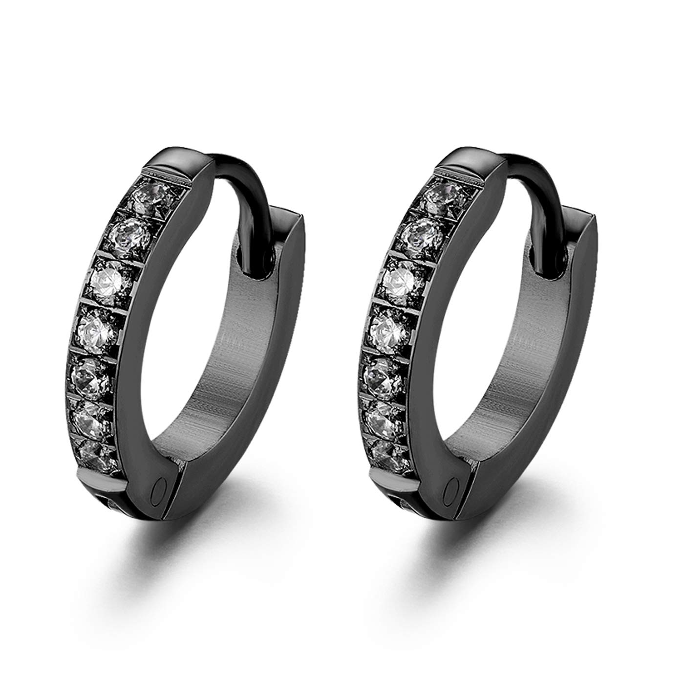 JewelryWe Hoop Earrings,13MM Stainless Steel Small Huggie Hoops Earrings With CZ Inlaid for Men Women(Black)