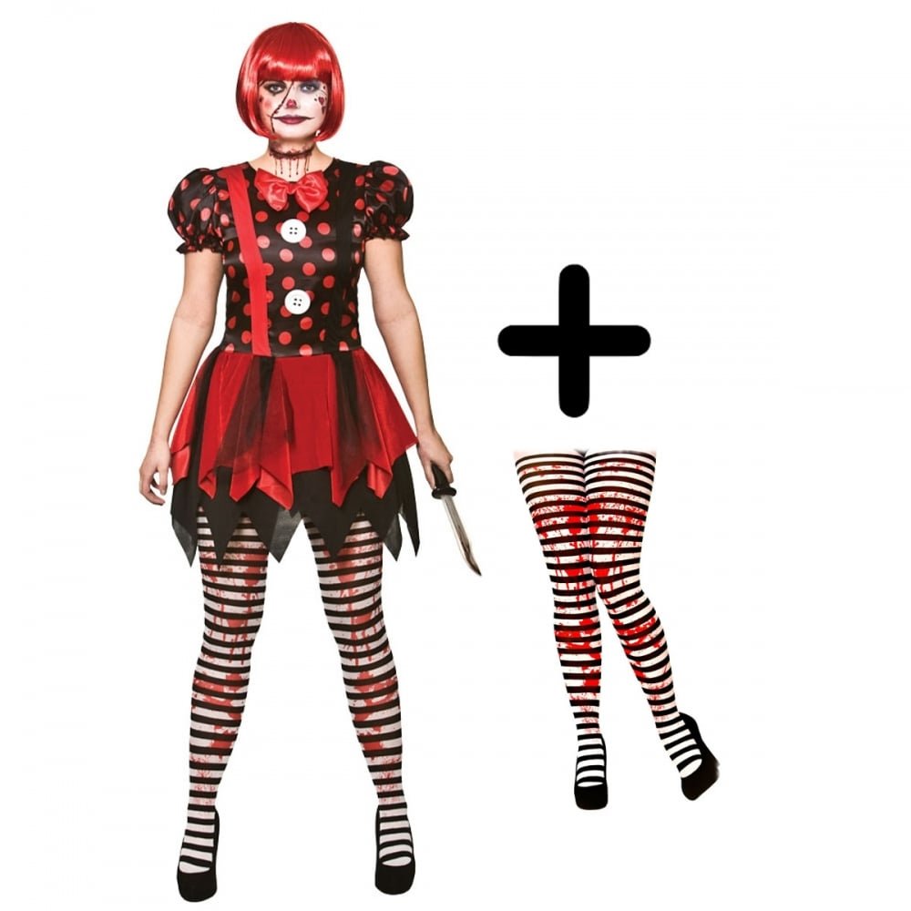 Horror Clown + Tights Ladies Fancy Dress Halloween Circus Adults Womens Costume (XS UK 6 -8)