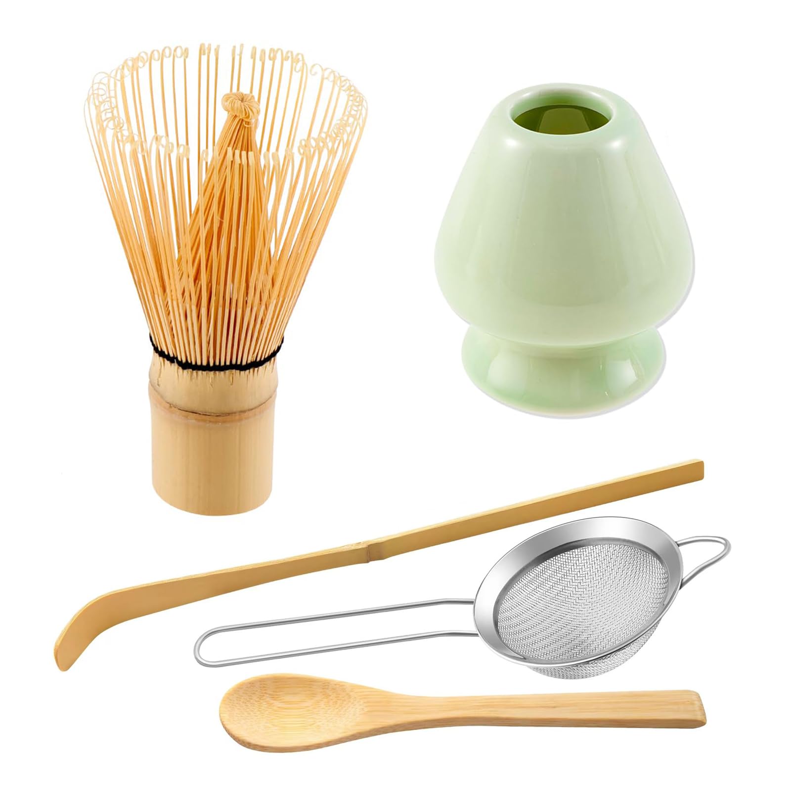 Hniuyun Matcha Whisk Set of 5 - Handmade Bamboo Matcha Whisk, Tea Spoon, Matcha Scoop, Tea Sifter, Whisk Holder, Matcha Accessory - Traditional Japanese Matcha Tea Making Kit