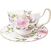 fanquare Porcelain Tea Cup and Saucer Set, Vintage Floral Coffee Mug, 5 Ounces Bone China Tea Cup with Gold Trim, Elegant British Tea Cups