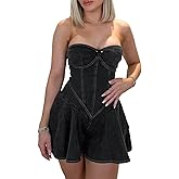 Molisry Women's Summer Tube Top Denim Dress Off Shoulder Sleeveless Sexy Cute Ruffle Pleated Jean Mini Dress Clubwear