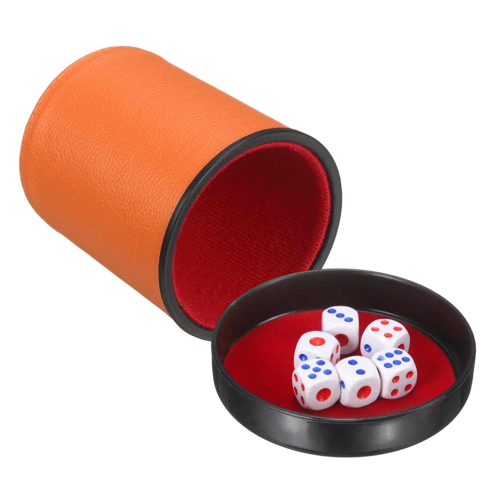 sourcing map Felt Lined Professional Dice Cup, PU Leather Quiet Shaker Cups with Lid Includes 6 Dot Dice for Bar Gatherings Party Board Games, Orange