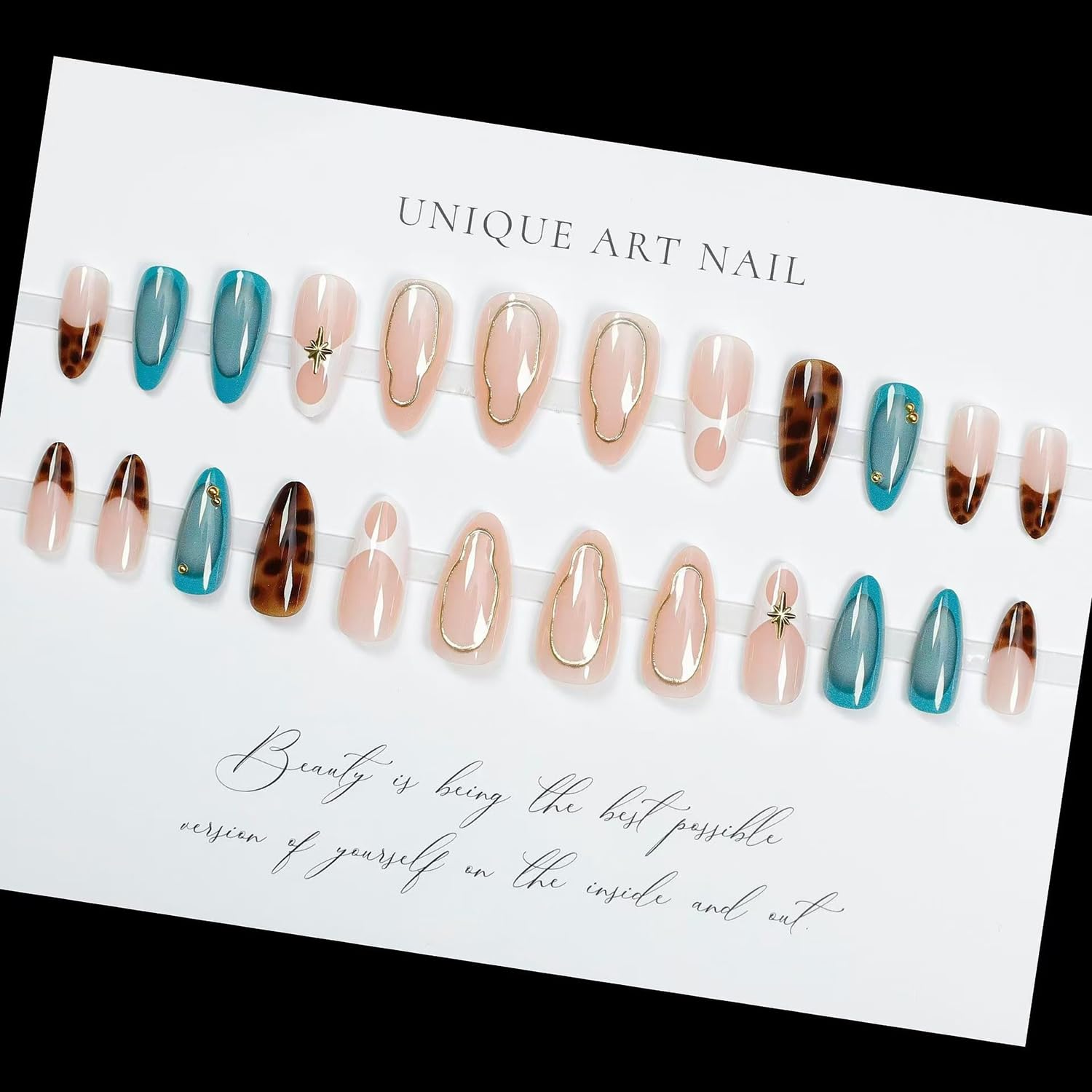 24 Pcs Almond Press on Nails Medium Length Fake Nails with Glue French Tip False Nails with Leopard Pattern Design Artificial Acrylic Nails Press ons Reusable Almond Nails Glue on Nails for Women - Image 5