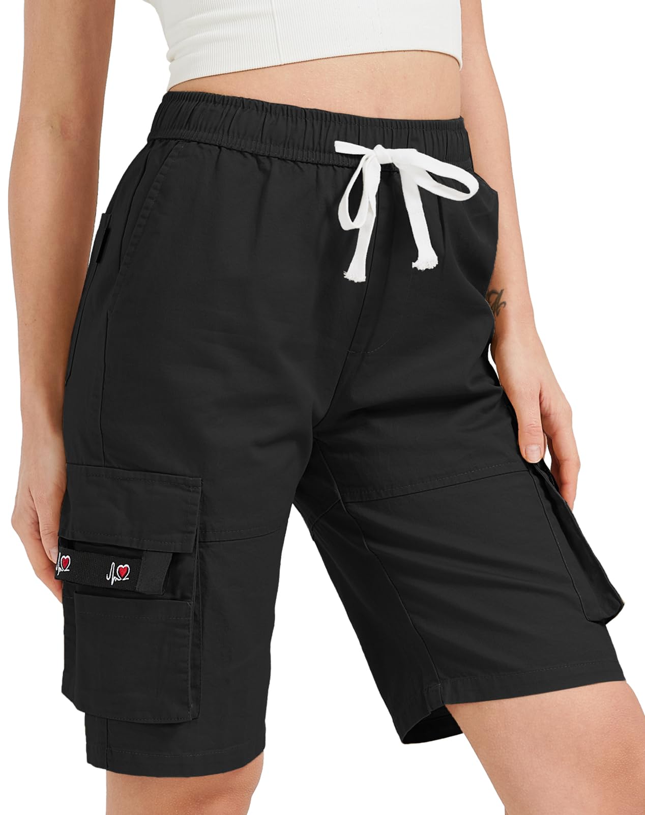 Photo 1 of XinYangNi Women Casual Cotton Cargo Shorts Elastic High Waisted Summer Knee Length Loose Fit Drawstring Bermuda Shorts Black US 20-22