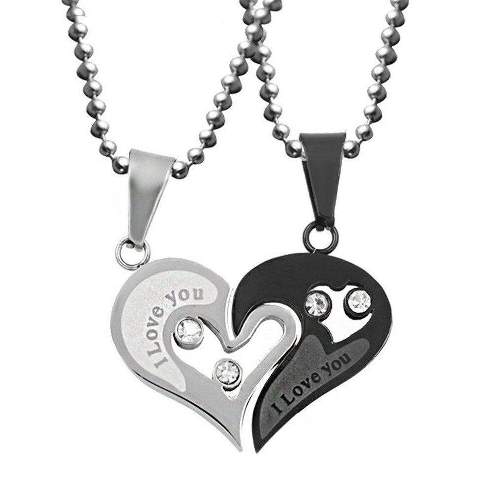Uloveido Stainless Steel Half Heart Puzzle Matching Necklace for Couples Valentine's Gifts SN102-New (White and Black)