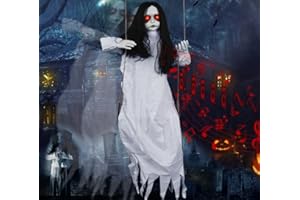 AXCOIX Scary Halloween Decorations Outdoor, Halloween Hanging Swinging Girl with Sound & Slap Activated, Light Up Eyes Creepy Sound Expressions, Large Scary Halloween Decor Props for Indoor Outside