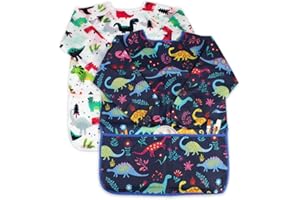 BAHABY Kids Art Smocks 2 Pack Dinosaur Painting Apron for Children Waterproof Artist Smock with Long Sleeve and 3 Pockets for Age 3-8 Years