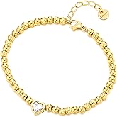 COOLSTEELANDBEYOND Gold Beaded Bracelet with Heart Charm for Women Adjustable Stackable Steel Delicate Jewelry