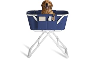 DISHUP Portable Dog Bathing Station, Elevated Collapsible Dog Shower Tub with Side Pocket, Pet Bathtub for Home-Grooming and Pet Showering, 5-Level Adjustable Height, Blue