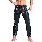 QiaTi Mens Skinny Pants Faux Leather Open Crotch Trousers Long Pant with Bulge Pouch for Men