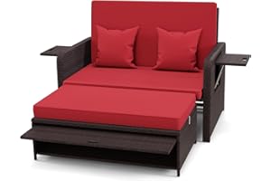 RELAX4LIFE Wicker Patio Outdoor Daybed - Rattan Day Bed Lounger with Loveseat & Storage Ottoman, Sunbed Sofa Set w/Cushions, 4-Level Adjustable Backrest & 2 Retractable Trays, Patio Daybed (Red)