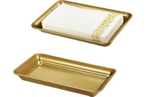 SHEECHUNG Vintage Farmhouse Decor Metal Vanity Tray(2 Pack),Countertop Guest Hand Towel Storage Organizer Tray Dispenser, Sturdy Holder for Perfume,Cosmetics, Jewelry, Makeup Bathroom Organizer（Gold）