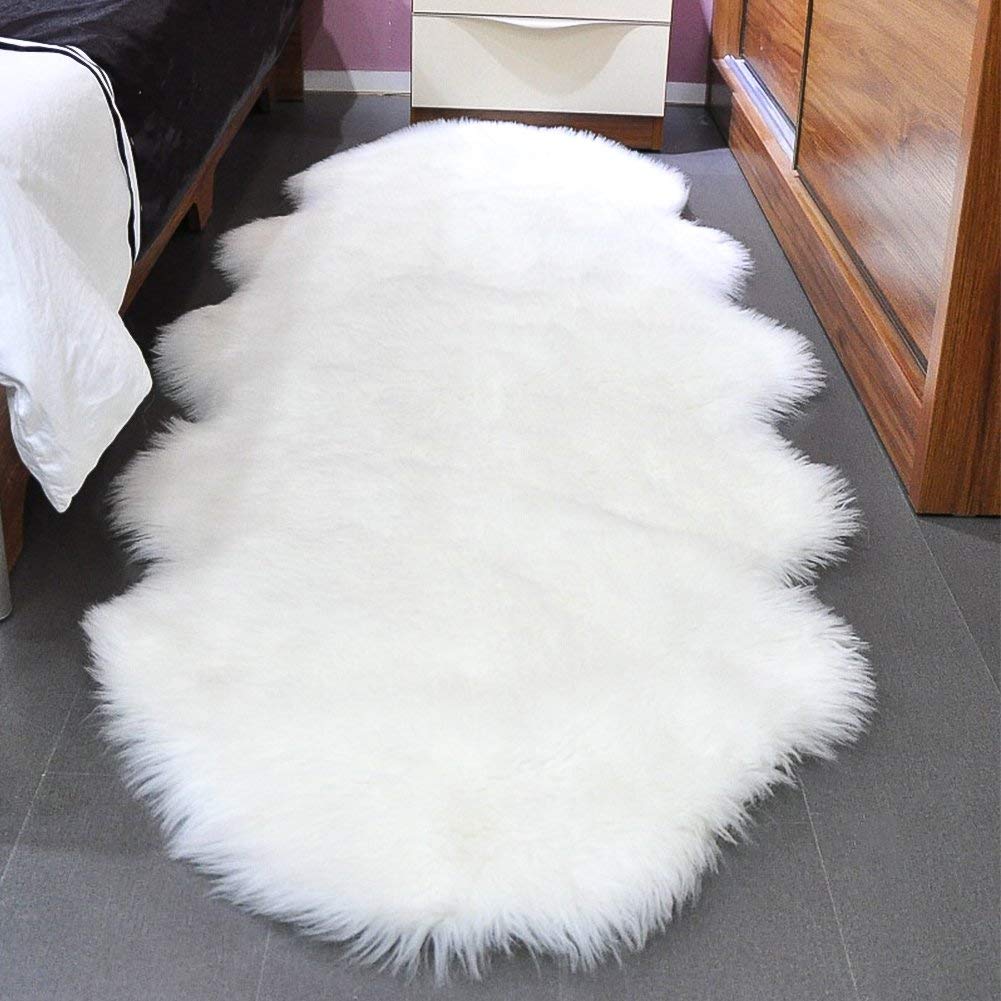 SXYHKJ Faux Sheepskin Rugs, Soft Fluffy Faux Chair Cover Hairy Washable Carpet Non Slip Mats for Chair Bed Sofa Floor with Extra Long Wool (White, 60x160CM)