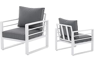 Patiorama Aluminum Patio Furniture Set, 2 PCS Outdoor Armchairs Single Sofa Couch, All Weather White Metal Chair with Olefin Cushion, Deep Seating, 300 lbs Capacity, Deck, Garden-Grey Cushion