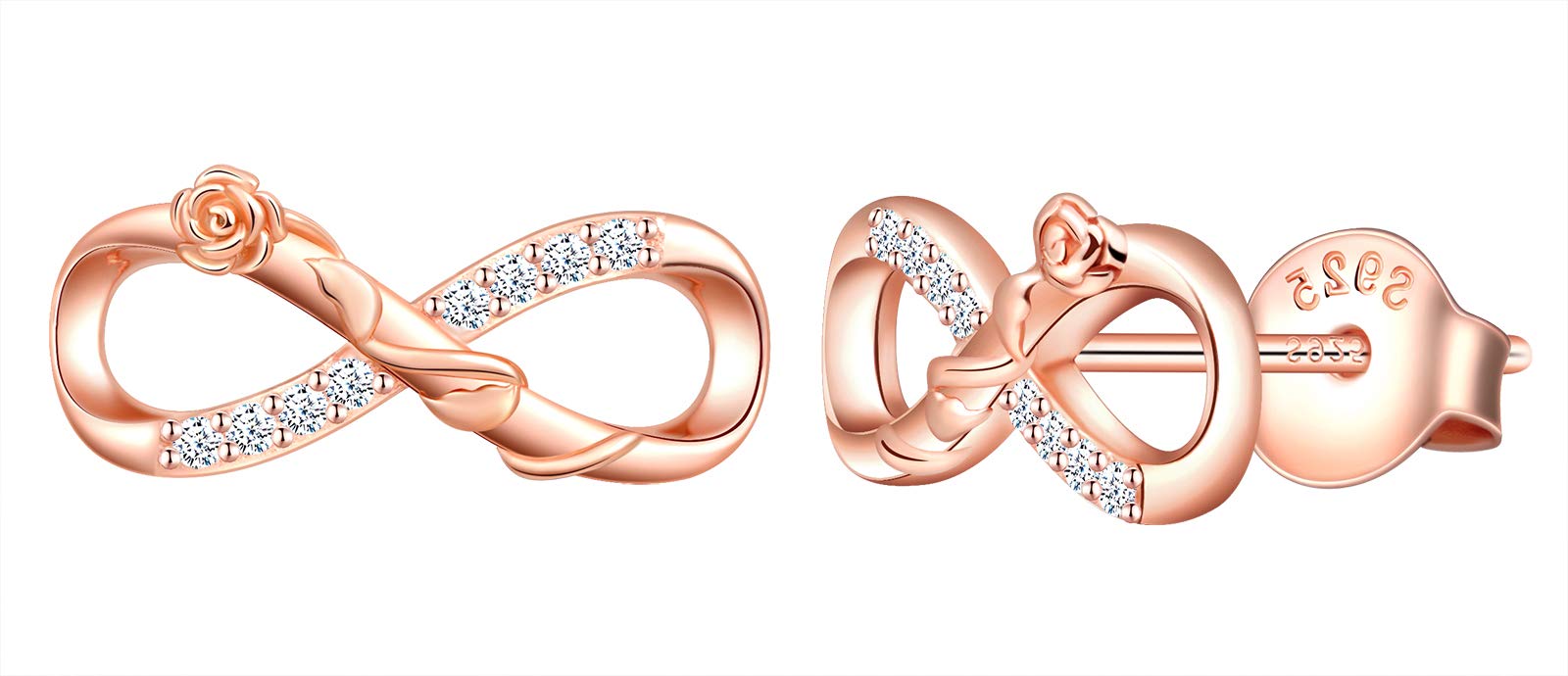 MicLee Woman's girl's Earrings studs, 925 Sterling silver rose earrings, Mini infinity symbol earrings studs, Inlaid zircon, rose gold
