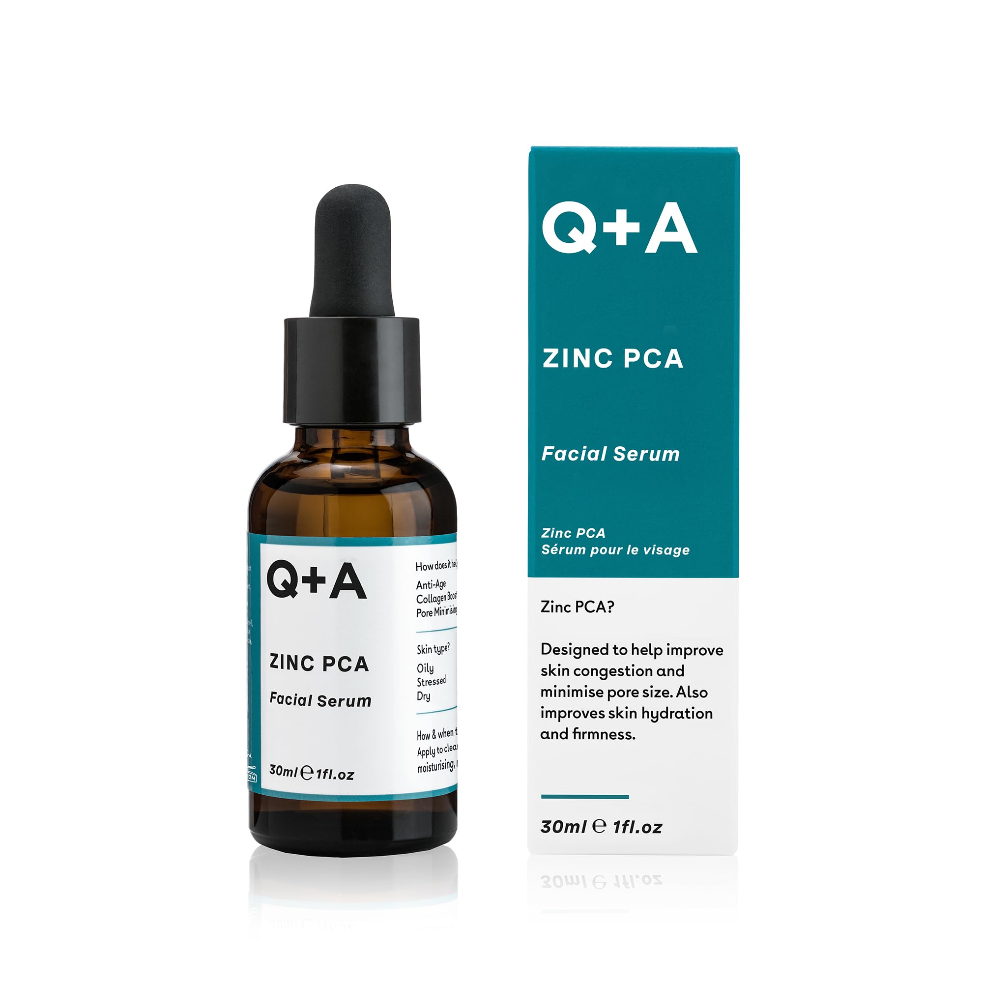 Q+A Zinc PCA Facial Serum (30ml), 99% Natural, Pore-Refining & Firming Serum with Zinc PCA and Reishi & Shiitake Mushrooms, Reduces Redness & Blemishes, Fragrance Free, Vegan & Cruelty Free Skincare