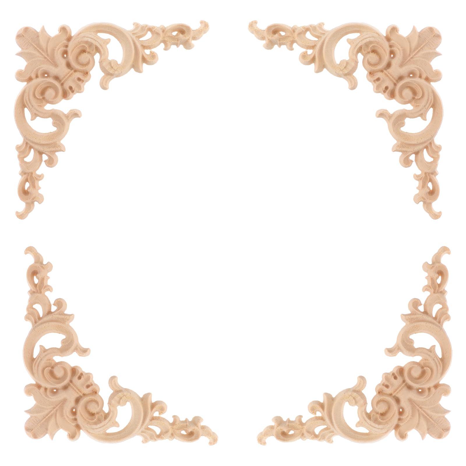 4pcs Solid Wood Carved Flower Corner Applique Decorations Unpainted Wall Cabinet Ornaments European Style Wood Carvings for Home Decor