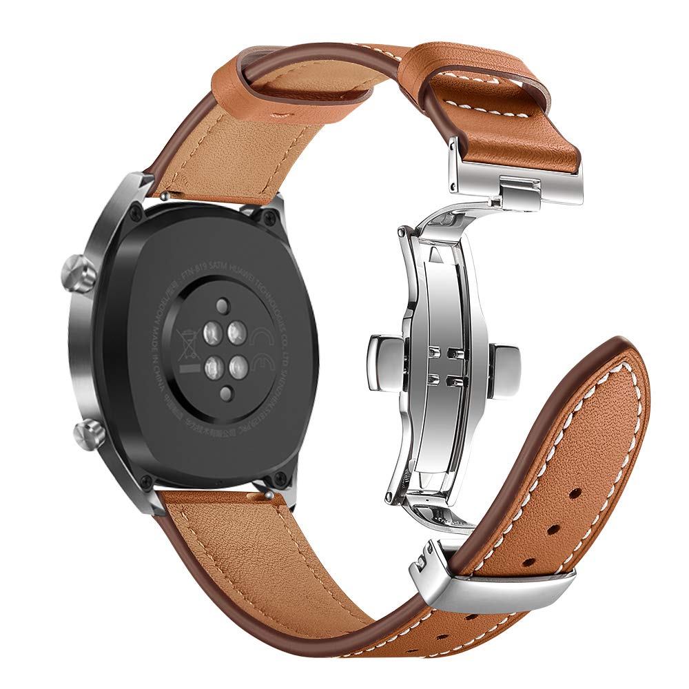 AISPORTS Compatible for Samsung Galaxy Watch 3 45mm Strap Leather for Women Men, 22mm Soft Breathable Leather Sport Wristband Metal Butterfly Buckle Replacement Strap for Samsung Galaxy Watch 46mm/S3