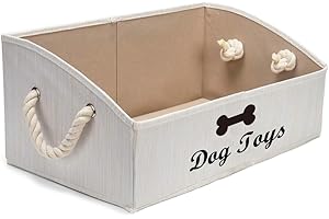 Geyecete Large Dog Toys Storage Bins-Foldable Fabric Trapezoid Organizer Boxes with Weave Rope Handle,Collapsible Basket for Shelves,Dog Apparel(Beige-Dog)