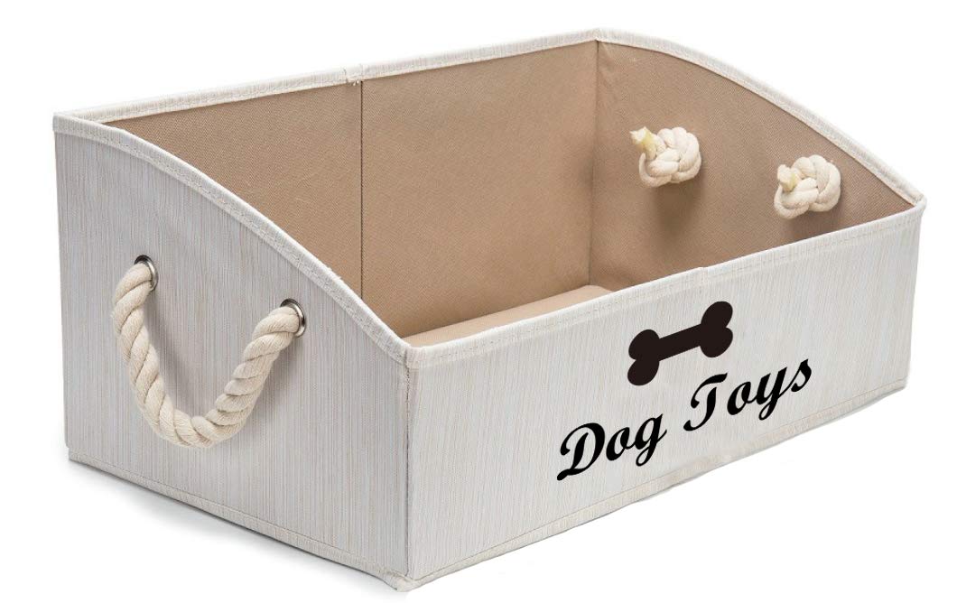 Geyecete Large Dog Toys Storage Bins - Foldable Fabric Trapezoid Organizer Boxes with Cotton Handle, Collapsible Basket for Shelves(Beige-DOG)