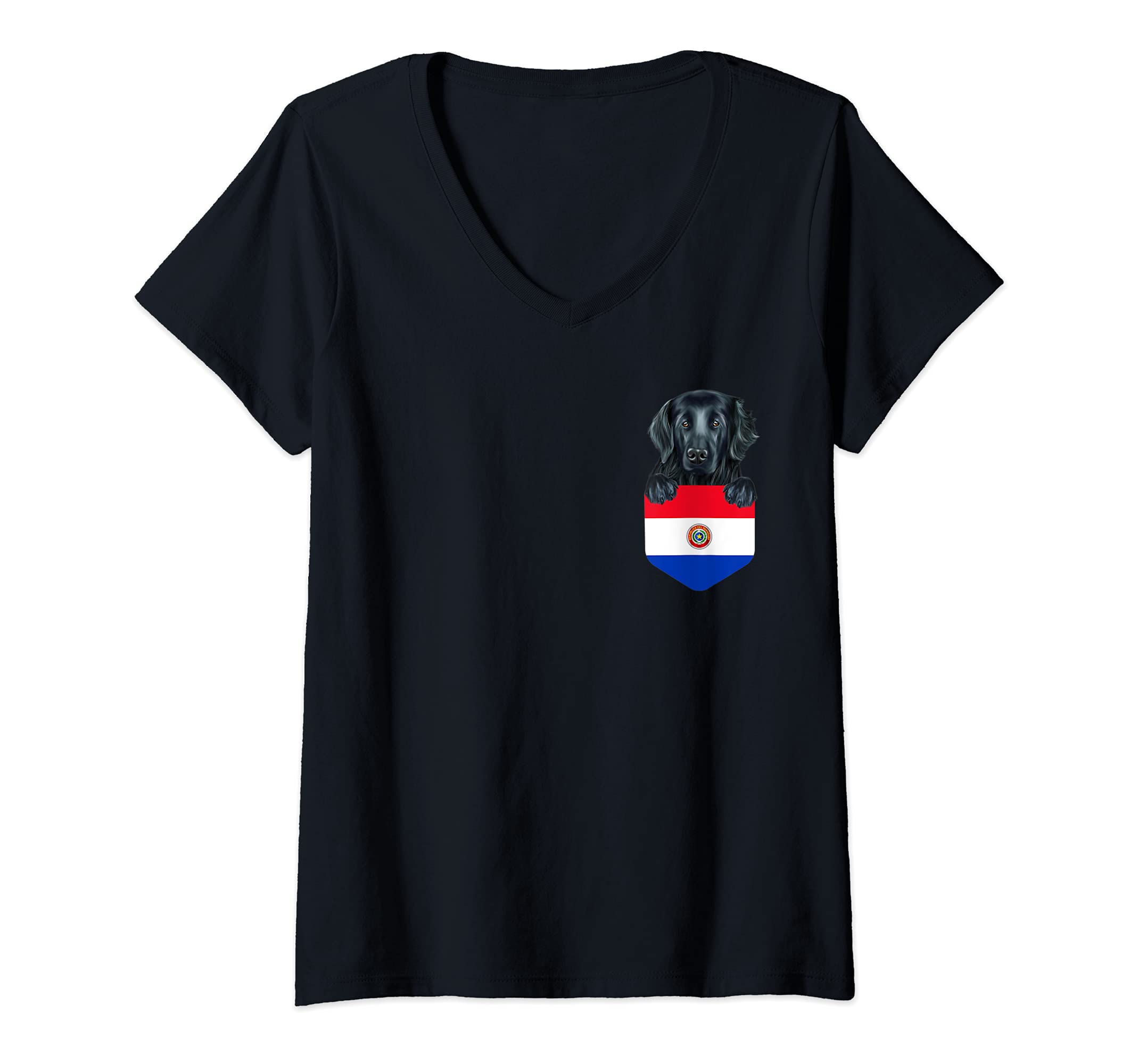 Womens Paraguay Flag Flat-Coated Retriever Dog In Pocket V-Neck T-Shirt