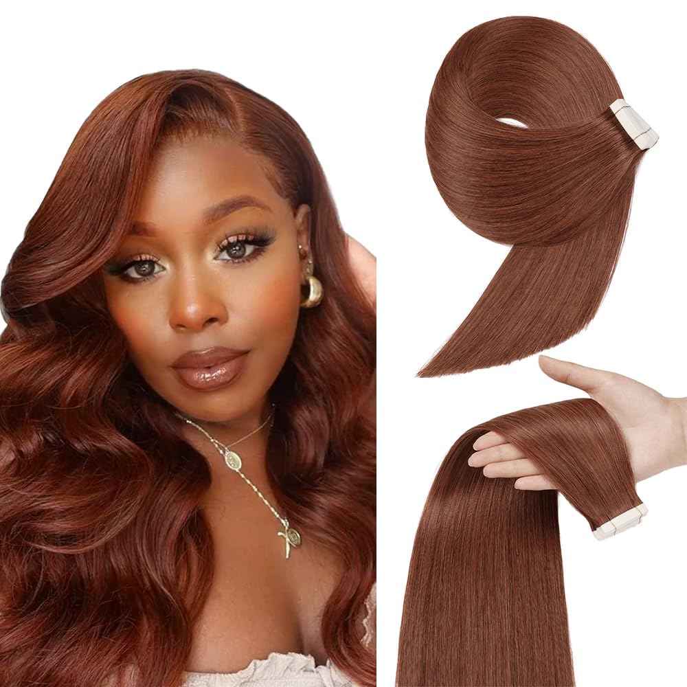 Photo 1 of #33 Reddish Brown Tape in Extensions Human Hair 20 Inch Copper Red Straight Tape in Seamless Extensions Human Hair Skin Weft Seamless Invisible Unprocessed Virgin Remy Hair 45g 10 Pcs