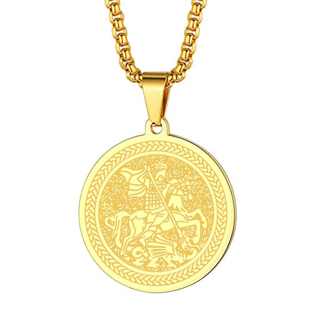 St Christopher Necklace Saint Michael George Barbara Pendant Women Men The Seal of The Seven Archangels Charm Chain Religious Medal Medallion Disc Jewelry Christian Gift (St George-231G)