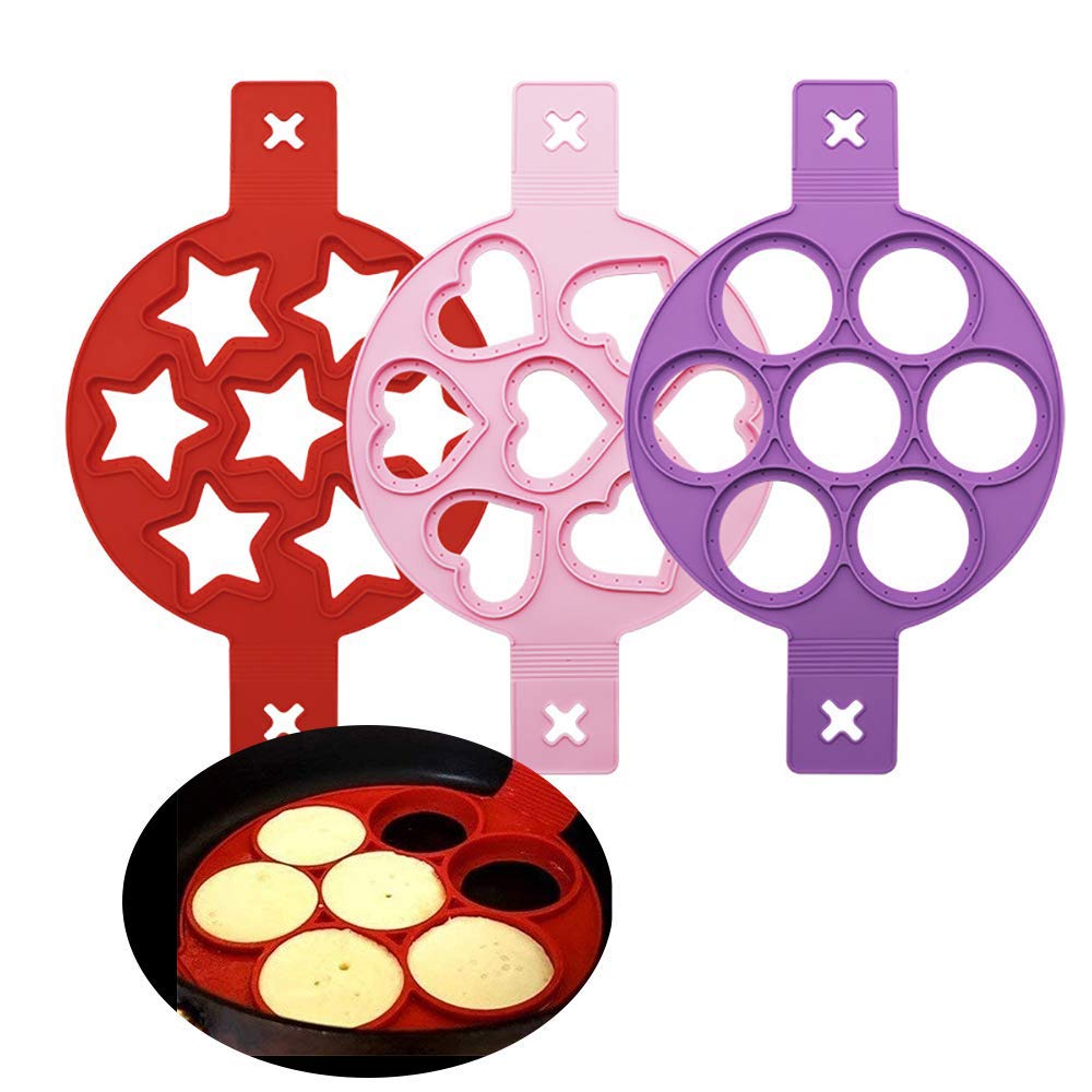Silicone fried egg Mould, 3PCS Heart&Round&Star Shape Pancakes Maker for Saving Cooking Time, Insulated Biscuit Mold Baking Stencil for Fast Easy DIY Egg/Cupcake/Pastry