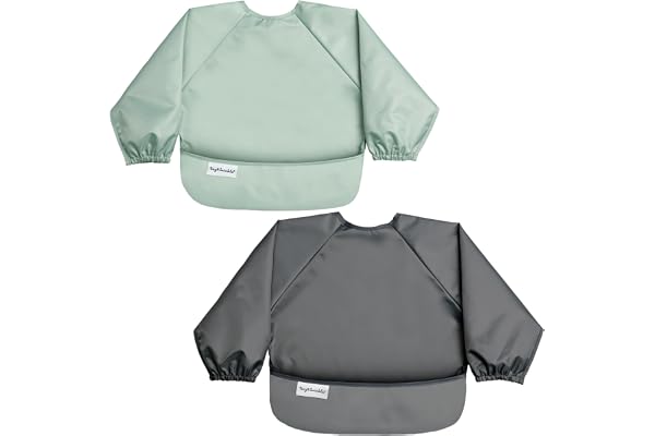 Tiny Twinkle Mess Proof Baby Bib, 2 Pack Long Sleeve Bib Outfit, Waterproof Bibs for Toddlers, Machine Washable, Tug Proof