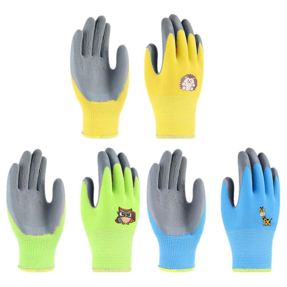 CubePlug Girls and Boys 3 Pairs Kids Gardening Gloves for Age 4-11, Non-Slip, Kids Gardening Work Gloves,Foam Rubber Coated Gardening and Work Gloves (Green+Blue+Yellow, Age(5-7))
