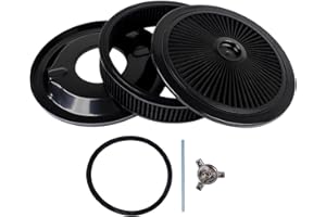 TEKKOAUTO 14" x 3" Round Air Cleaner Kit Aluminum Washable Element Recessed Base Chrome Trim Black Replacement for 5-1/8 Inch