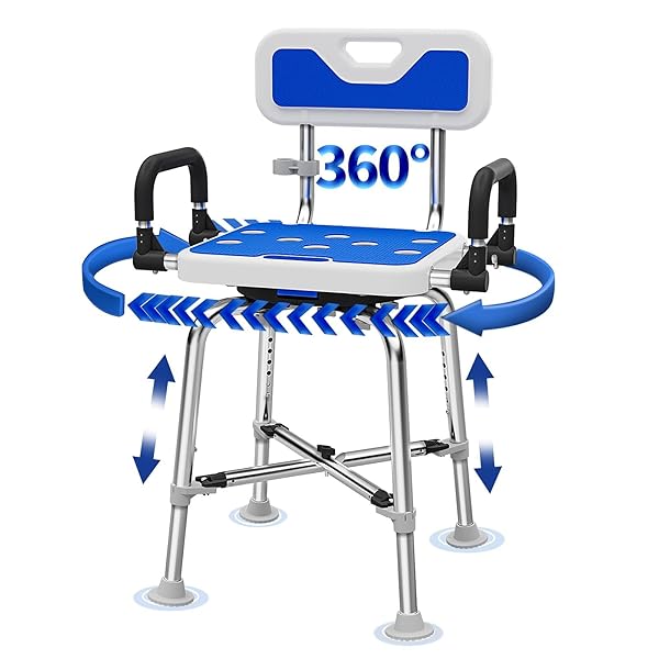 360° SWIVEL SHOWER CHAIR WITH ARMS AND BACK, HEAVY DUTY 500 LBS BARIATRIC BATH BENCH FOR SENIORS ELDERLY DISABLED ADULTS, UPGRADED ADJUSTABLE HEIGHT SHOWER STOOL FOR INSIDE SHOWER STALL,BIG