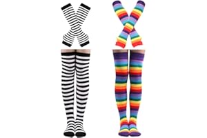 Barrlves 2/4 Sets Womens Striped Knee High Socks Long Knitted Arm Warmers Fingerless Gloves for Halloween Costume