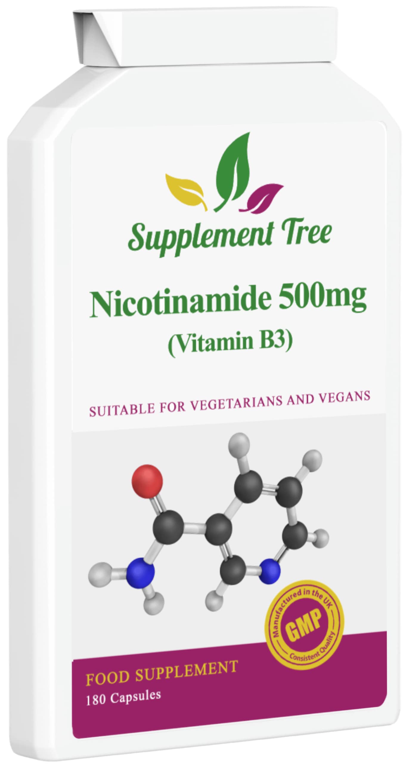 Vitamin B3 Nicotinamide 500mg 180 Capsules | Flush Free Niacinamide | UK Manufactured | Suitable for Vegans & Vegetarians