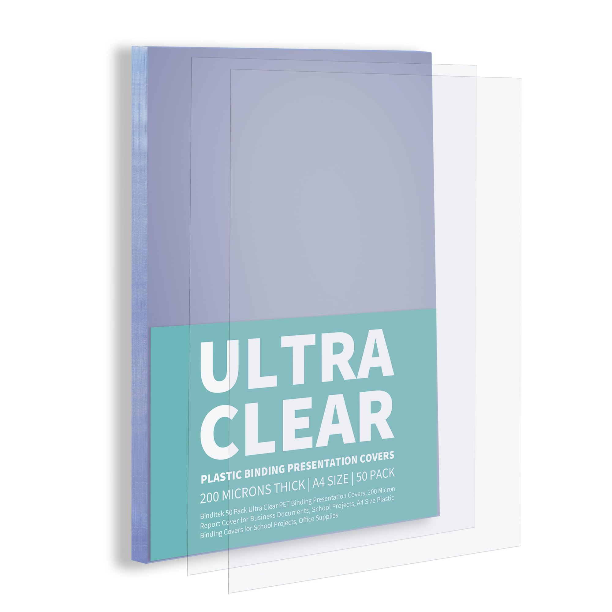 Binditek 50 Pack A4 PET Clear Binding Covers, 200 Microns, Ultra Clear Binding Front Covers, Square Corners, Un-Punched
