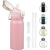 Konokyo Insulated Water Bottle with Straw and Carry Loop,18 oz Stainless Steel Double Wall Vaccum Metal Water Flask with Leak-proof Lid,Pink