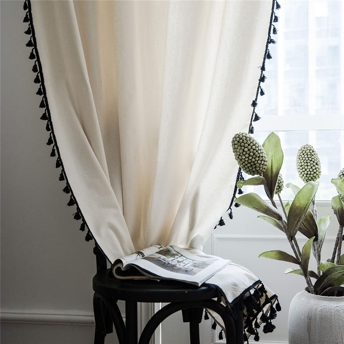 Xlabor Boho Vintage Curtains with Tassel Semi Blackout Curtains with Eyelets Cotton Linen Decorative Curtain for Living Room Bedroom Pack of 1 Motif D 150 x 220 cm