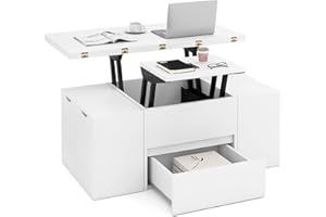 Giantex 40" Lift Top Coffee Table with 4 Storage Stools, 3-in-1 Multi-Function Wood Coffee Table with Hidden Compartment & Dr