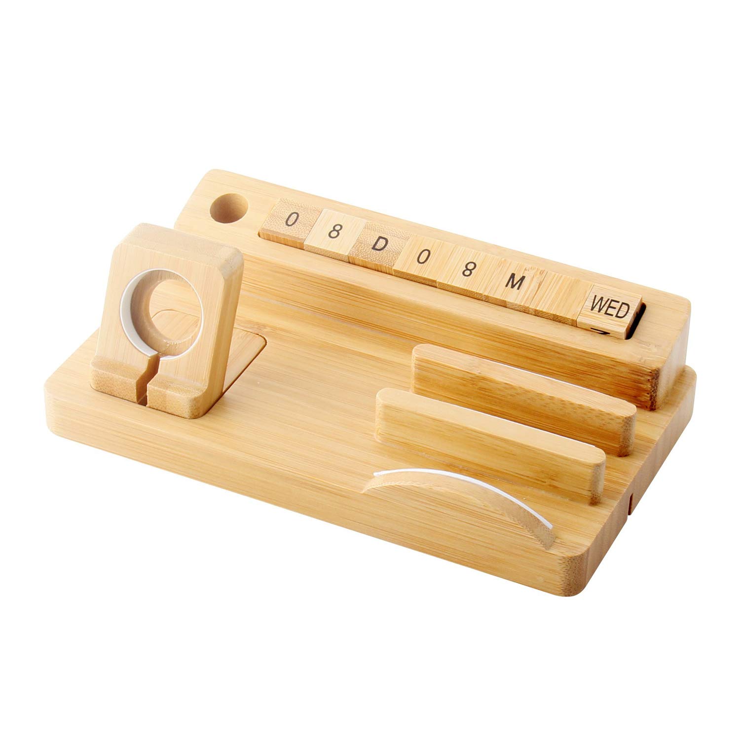 Hosoncovy Bamboo Wood Multi-device Desktop Charging Station Watch Stand Mobile Changing Stand Tablet Changing Station with DIY Calendar