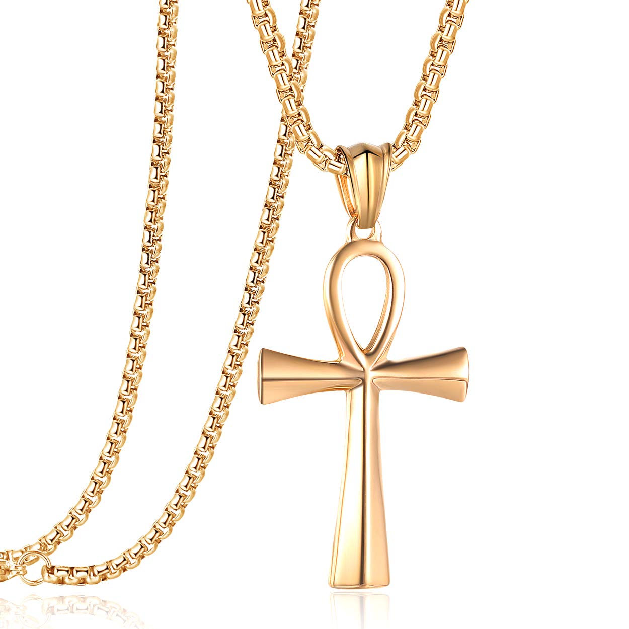 Stainless Steel Ancient Egyptian Coptic Ankh Cross Pendant Necklace for Boys Womens Mens 24 Inch Chain Black Gold Silver