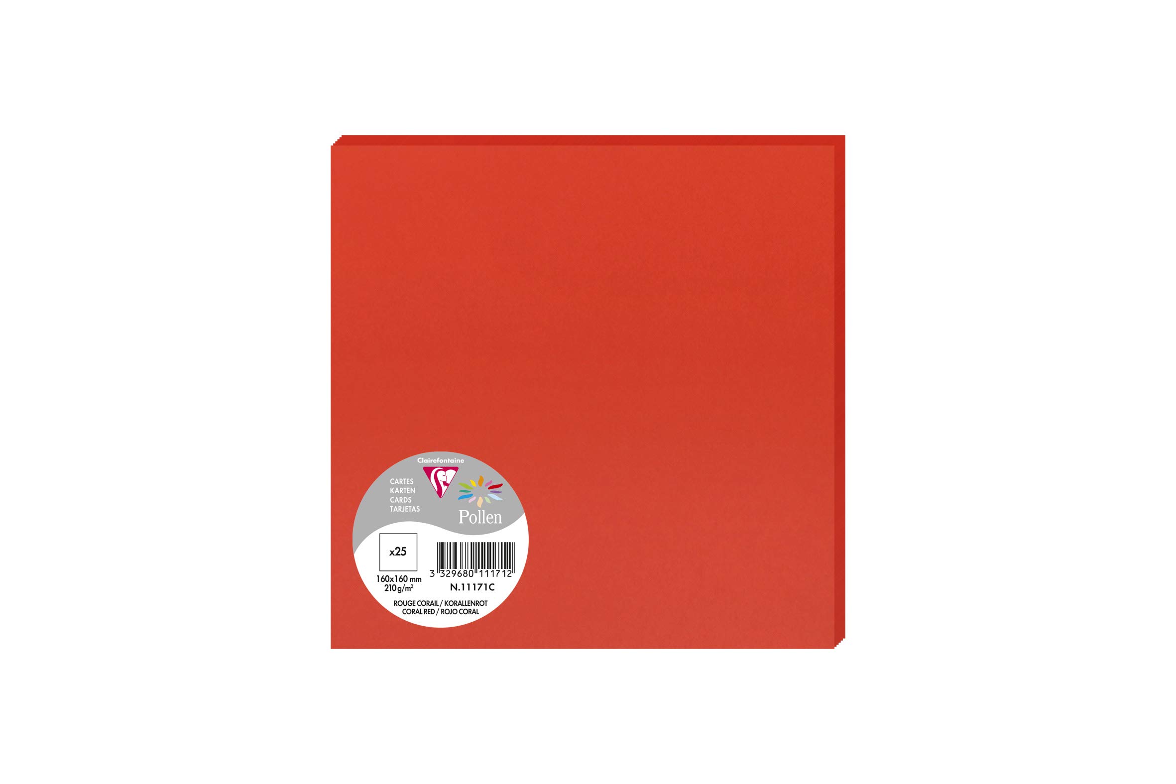 Clairefontaine 11171C Pack of 25 Plain Cards Square Format 16x16cm - 210gsm Coral Red - Invitation Correspondence Cards - Pollen Range - Premium Smooth Paper