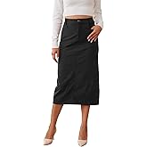 HERBATOMIA Women’s Midi Corduroy Skirt Pencil Elastic High Waisted Back Slit Winter Long Skirts for Women with Pocket