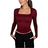 Velius Women's Basic Square Neck Long Sleeve Lace Trim Fitted Y2k Casual T Shirts Cami Crop Tops