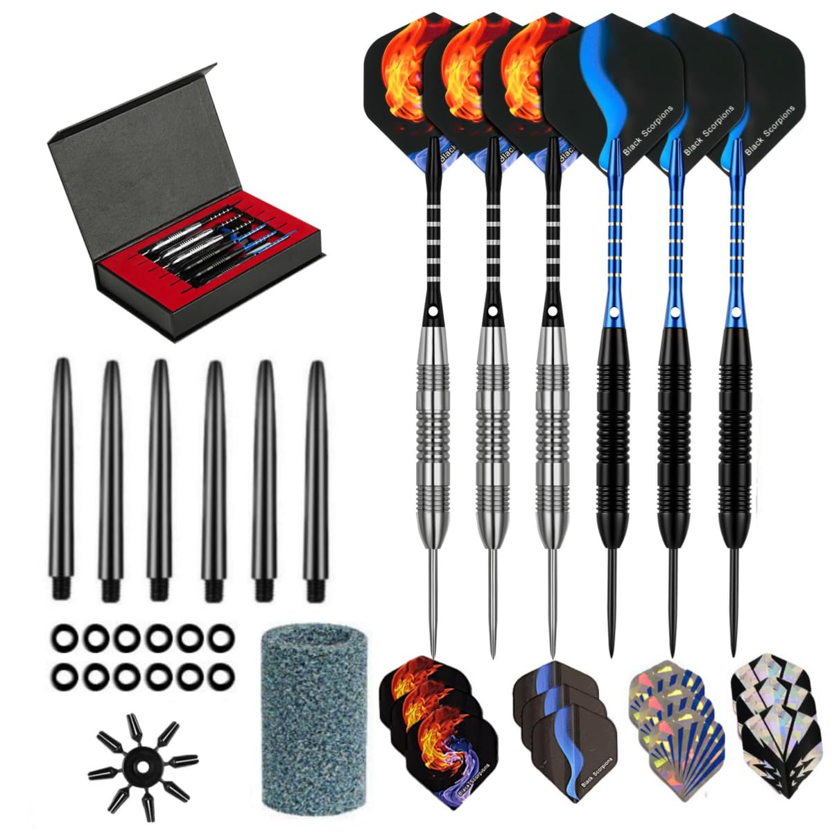 HRLORK 6 Packs Darts Set Professional Darts Set Steel Tip Darts Aluminum Shafts Darts Stems and Flights with 6 Black Spare Plastic Shafts and Darts Case-23g Darts
