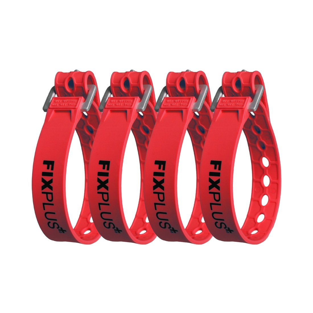 Fixplus Strap Pack of 4 – Tie-down strap for securing, attaching, bundling and lashing made of special plastic with aluminum buckle 35 cm x 2.4 cm (red)