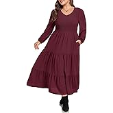 Hanna Nikole Women Plus Size Fall Dresses Long Sleeve V Neck Dress Maxi Casual Flowy Tiered 2025 Dress with Pockets
