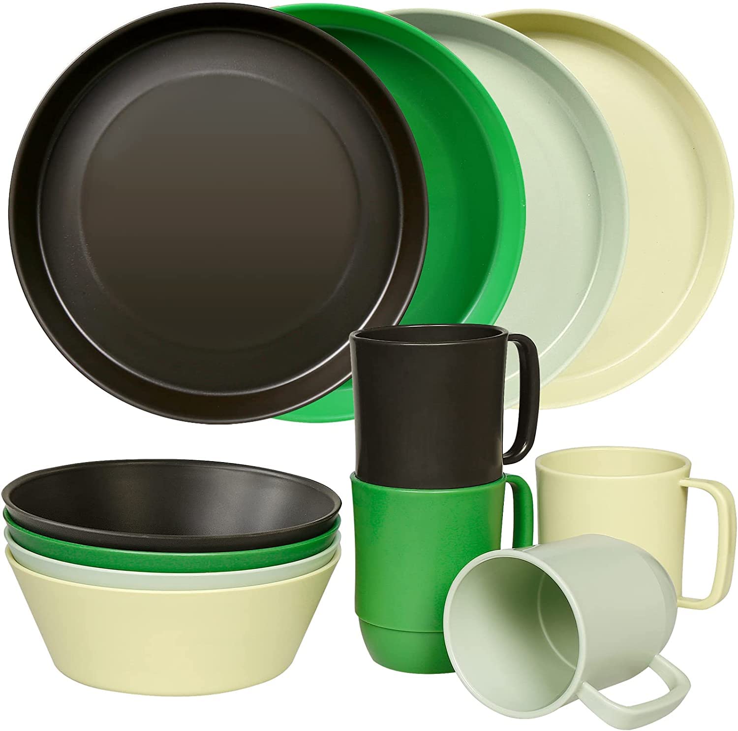 Greentainer Plastic Unbreakable Dinnerware Sets,12PCS Camping Tableware, Lightweight Plates, Bowls and Mugs, Microwave& Dishwasher Safe Plates Set, Service for 4, Great for Kids & Adults