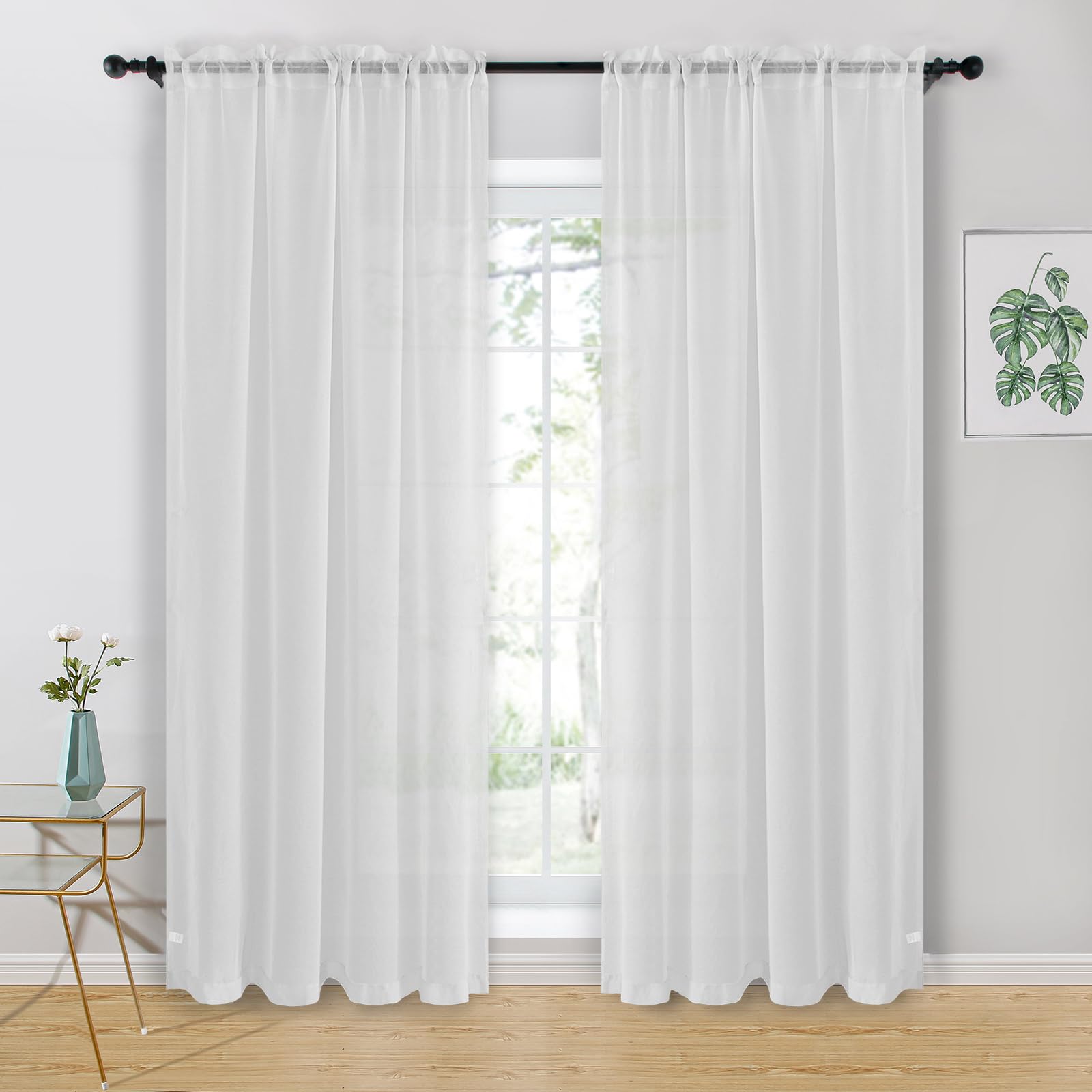 Hiasan Christmas White Net Curtains for Window Voile Curtains for Living Room Sheer Curtains for Bedroom With Tiebacks 55 X 72 Inch drop 2 Panels Rod Pocket Top