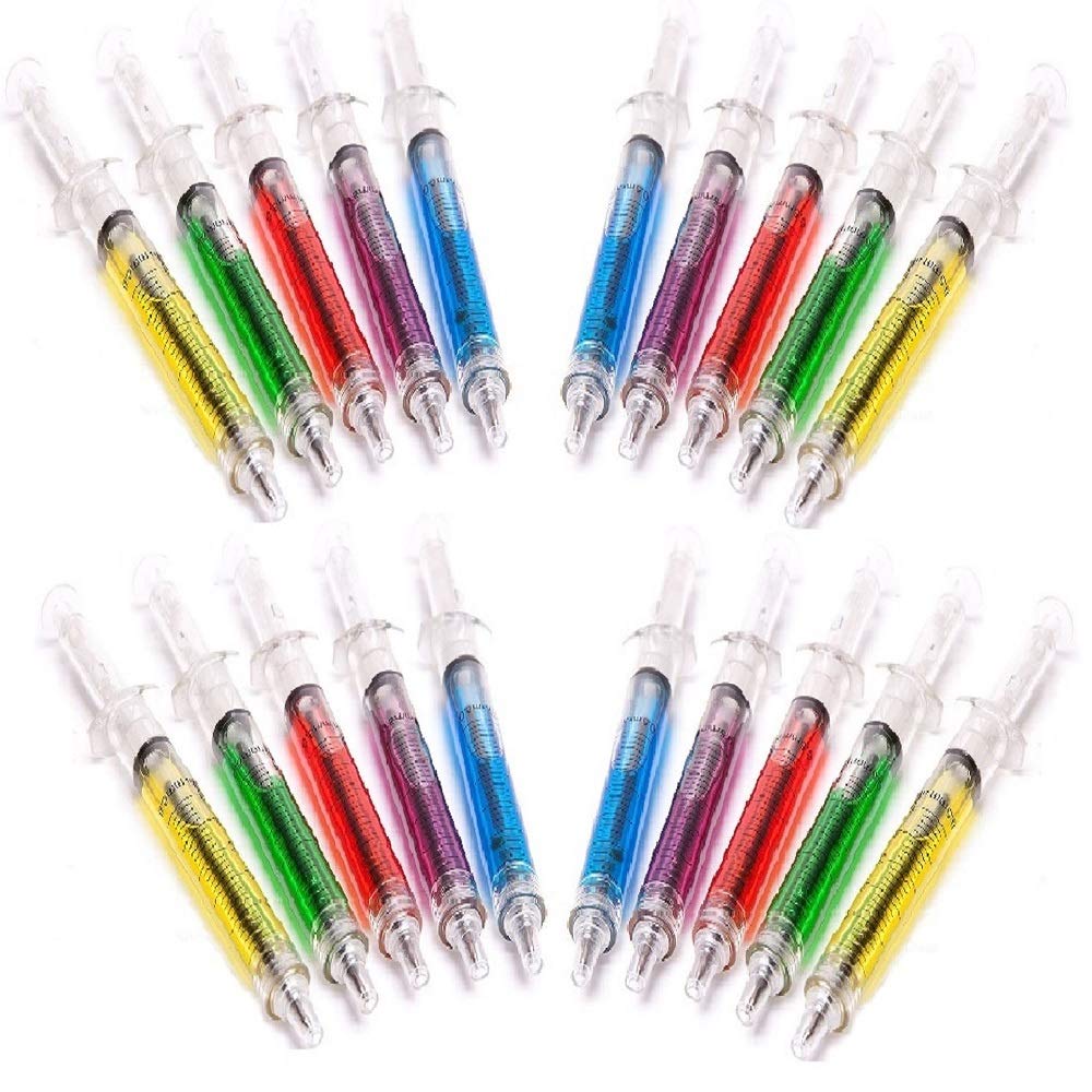 20 Double Value Mixed Colour Novelty Syringe Pens. Black ink bulk value pack now includes extra refills