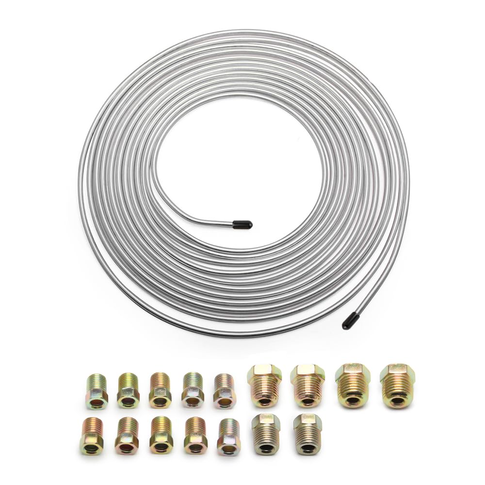 Photo 1 of 25Ft of 3/16 Zinc Plated Copper Brake Line Kit - Includes 16 Inverted Flare Fittings - Universal Copper Coil Brake Line Repair Kit for Car,Home,Industrial (Silver)
